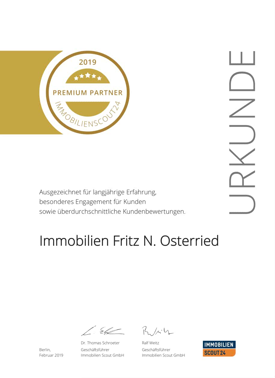 Urkunde Immobilienscout24 für Fritz N. Osterried 2019 Immobiliemakler Fritz Osterried aus München wurde wieder als ImmobilienScout24 Premium Partner ausgezeichnet.